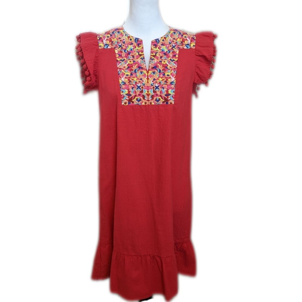 Kirundo women's summer dress, embroidery, pompon fringe, cap sleeves M